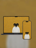 Bestiario Vol. 1 on a MacBook and iPhone, the same painting on both