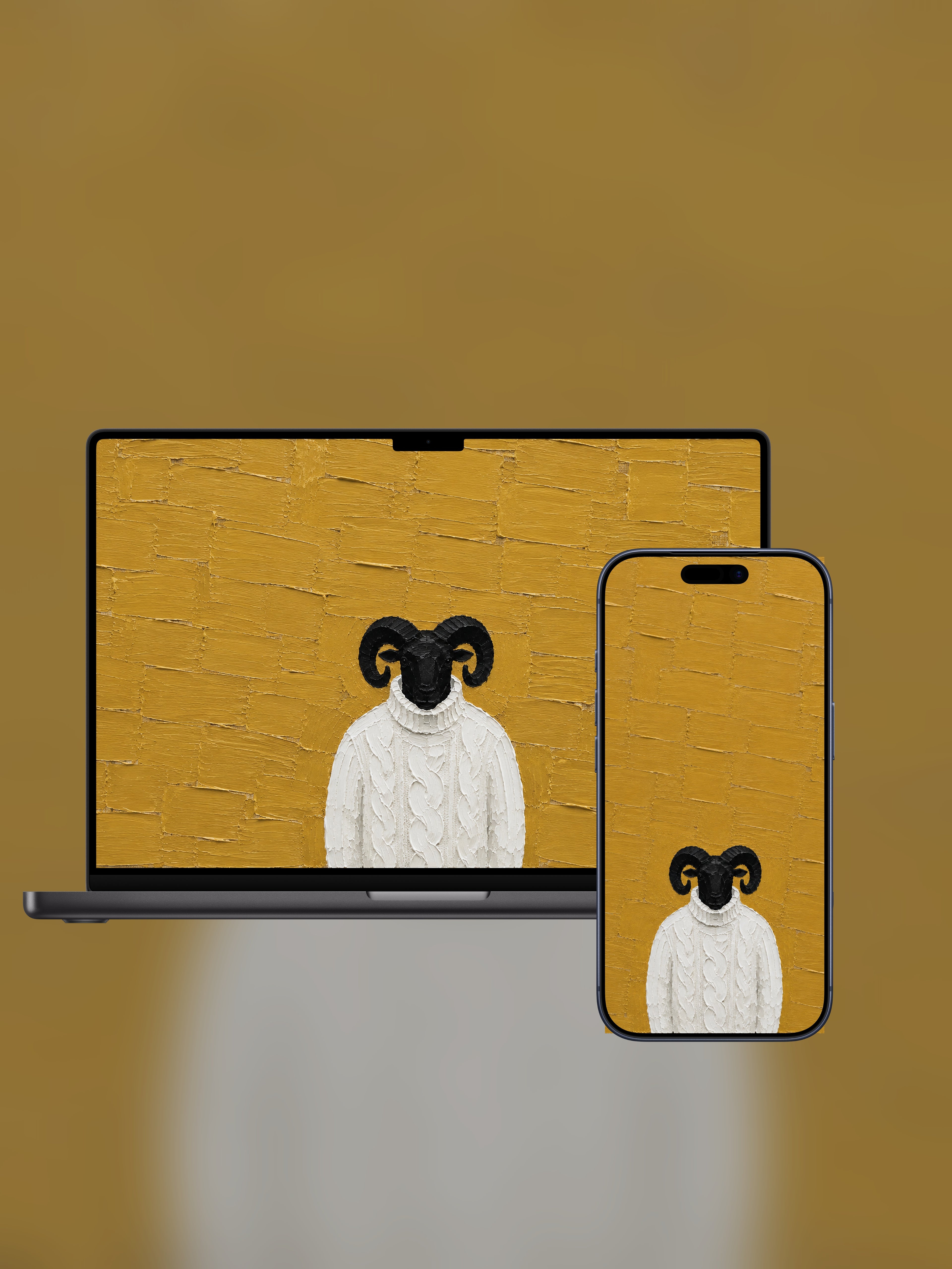 Bestiario Vol. 1 on a MacBook and iPhone, the same painting on both